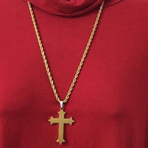 Large Gold Stainless Steel Fleur de Lis Cross Pendant on Stainless Gold Chain.